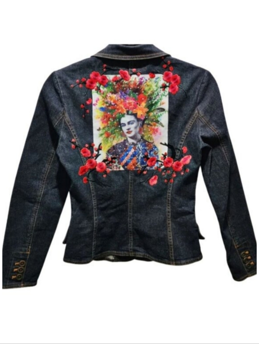 Frida Kahlo Floral Upcycled Custom Denim Jacket, Size XS